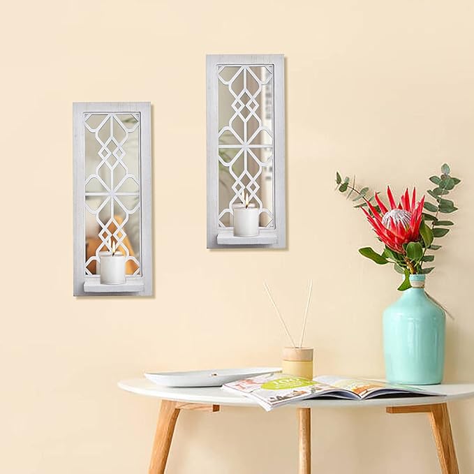 Wood Wall Sconce Candle Holder Set 2, Rustic Wall-Mount Candle Holders, Farmhouse Hanging Wall Décor, Carved Wood Frame, Mirrored Candle Holder (Distressed White)