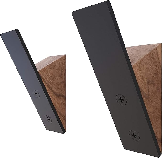 Homeforia Walnut Wood Coat Hooks, High End Walnut Wood & Black Metal Wall Mounted Coat Hooks, Mid-Century Modern Clothes Hooks, Heavy Duty Wooden Hooks for Hanging Coats, Hats, Towels & More, Set of 2