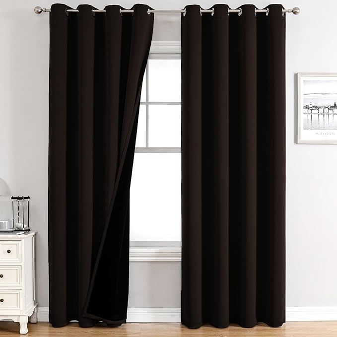 ChrisDowa 100% Blackout Curtains for Bedroom with Black Liner, 2 Thick Layers Total Blackout Thermal Insulated Grommet Long Window Curtains 2 Panels Set (Brown, 52 x 95 Inch)