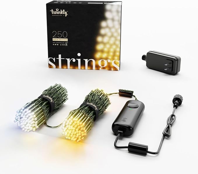 Twinkly Strings 250 White LED, LED Light String for Outdoor and Indoor, White Christmas Lights from Warm to Cool, Mappable LEDs, Compatible with Alexa, Google Home, IP44, App Control, Black Wire, 65ft