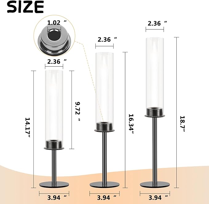 Hurricane Candle Holders Set of 6 Metal Candlestick Holder for Glass Taper Tall Candle Holders with Crystal Chimney Tube Candles Stands for Home Decor, Christmas, Dinning (6, Black)