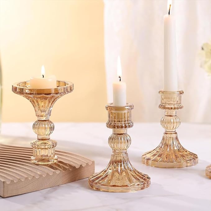 Glass Candlestick Holders Set of 6, Taper Candle Holder for Wedding Festival Christmas Party Valentine's Decor, Table Centerpieces (Amber)