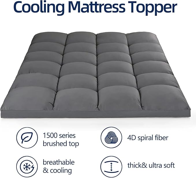 Mattress Topper Queen for Back Pain, Extra Thick Mattress Pad Cover, Plush Pillow Top, Deep Elastic Pocket, Grey, 60"X80"+20"