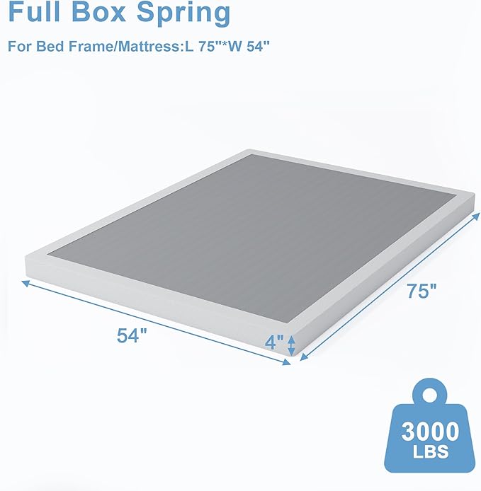 Full Box Spring - 4 Inch High Profile Box Spring for Full Bed, Sturdy Metal Frame Mattress Foundation, Easy Assembly, Quiet & Noise-Free