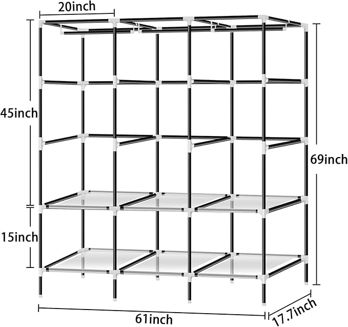 LOKEME Portable Wardrobe, 61-Inch with 3 Hanging Rods and 6 Storage Shelves, Non-Woven Fabric, Stable and Easy Assembly Black Portable Closets for Hanging Clothes with Side Pockets