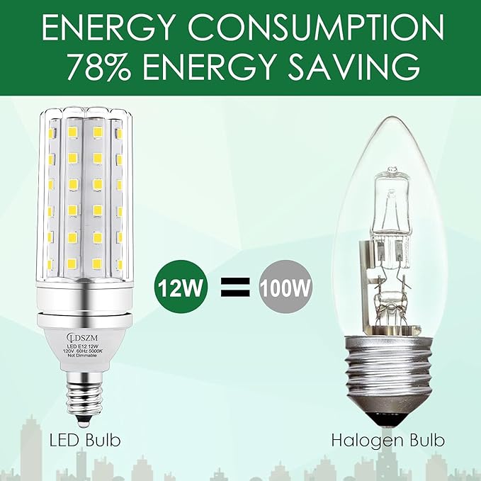 E12 LED Bulbs 12W Candelabra led Light Bulb,100 Watt Equivalent 1200lm Daylight White 5000K E12 Base LED Chandelier Light Bulbs Non-Dimmable LED Corn Bulbs, Pack of 6