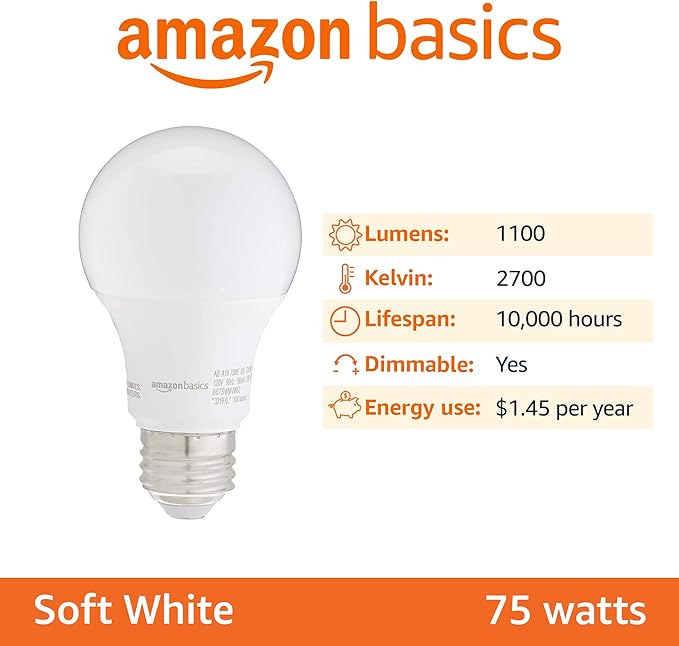 Amazon Basics A19 LED Light Bulbs, 75 Watt Equivalent, Energy Efficient 12W, E26 Standard Base, Soft White 2700K, Dimmable, 10,000 Hour Lifetime , 6-Pack