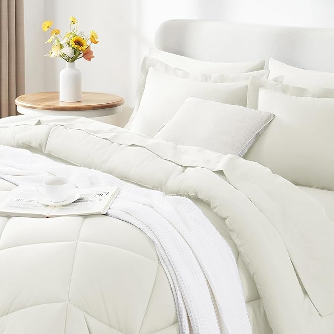 CozyLux Full Size Comforter Sets Ivory - 7 Pieces Bed in a Bag Full, Luxury Soft Bed Set for All Seasons, Bedding Set with Down Alternative Comforter, Sheets, Pillowcases & Shams