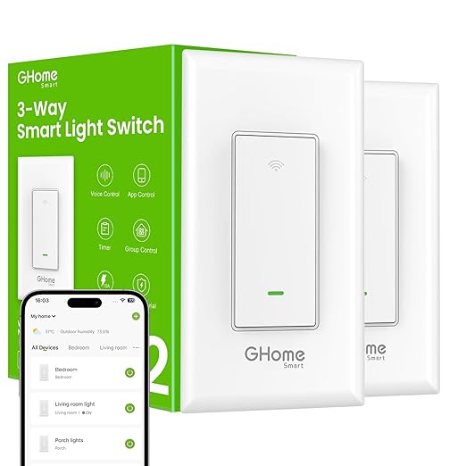 GHome Smart Switch, 3 Way Light Wi-Fi Switch Compatible with Alexa and Google Home, 2.4GHz Schedule Timer, Neutral Wire Required, 3-Way Installation and No Hub Required, FCC Listed (2-Pack), White