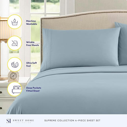 1800 Supreme Collection - Breathable Luxury Full Size Sheet Set with Full Elastic & Secure Corner Straps Built In, Extra Soft Deep Pocket Bedding, Misty Blue