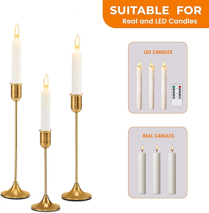 Brass Gold Candle Holder - 3 PCS Taper Candlestick Holders - Vintage Candle Stick Holders - Modern Home Decor Centerpiece - Cozy Atmosphere Gift for Home Decor, Wedding, Housewarming Gift