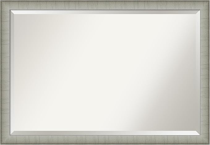Amanti Art Silver Bathroom Mirror for Over Sink, 27x39 Elegant Brushed Pewter Narrow Rectangle Vanity Mirror, Large Casual Frame, Hangs Horizonally and Vertically, Bathroom Wall Decor, Beveled Edge