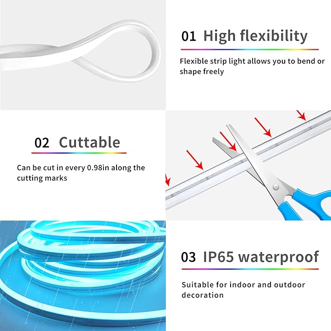 50ft RGB LED neon Rope Lights LED neon Strip Lights with Remote Control/APP Control IP65 24V Waterproof Flexible Neon LED Strip Lights,Led Lights for Bedroom Room Outdoors Décor