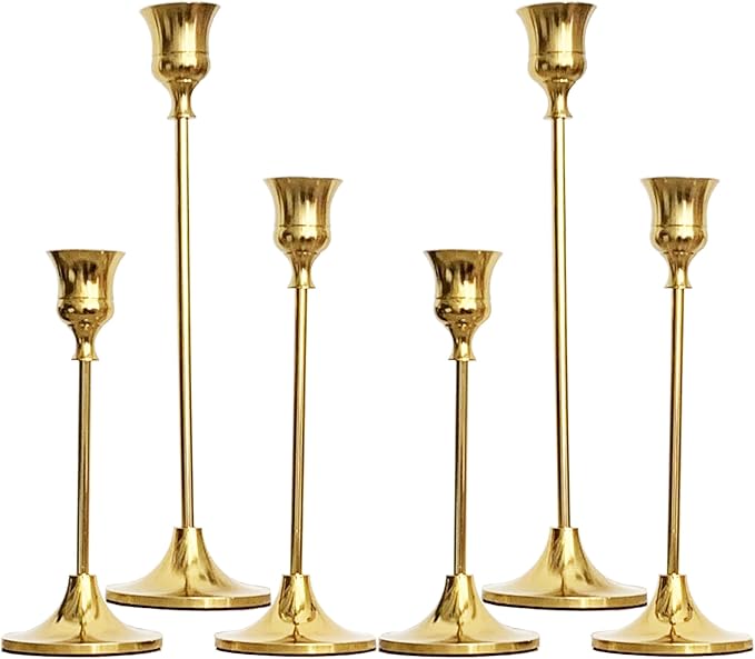 6PCS Brass Candlestick Holders Gold Candle Holders Taper Candle Holders Decorative for Thanksgiving Day Christmas Dinning Wedding Party Anniversary Home Decor.
