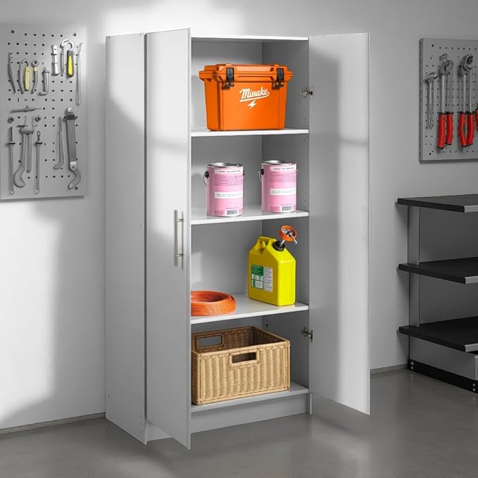 Prepac Elite Tall Garage Storage Cabinet & Pantry Storage Cupboard, 2-Door Freestanding Bathroom or Pantry Cabinet with Adjustable Shelves, 16" D x 32" W x 65" H, Light Gray