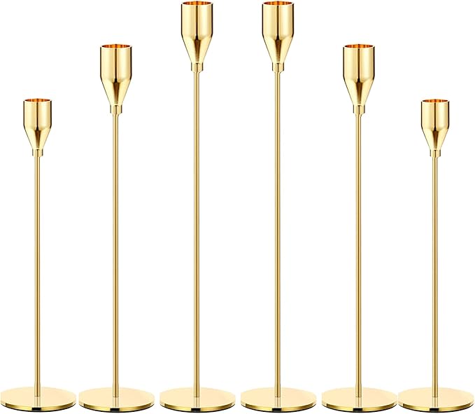Gold Taper Candle Holders, Set of 6 Gold Candlestick Holders Taper Candle Holders fits 3/4" Thick Pillar Candle Led Modern Metal Candles, Elegant Stands Decorative Table Candle Holder