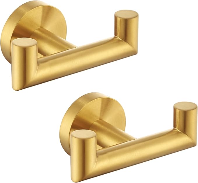 Angle Simple Towel Double Hook Brushed Gold 2 PCS, SUS304 Stainless Steel Bathroom Hand Towel Holder, Double Robe Hook, Wall Mount