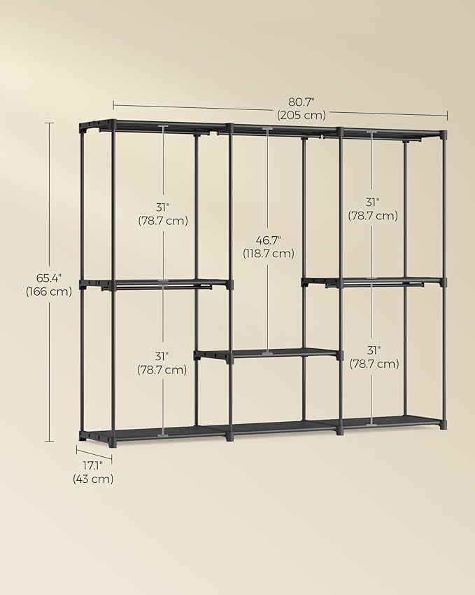 SONGMICS Portable Closet, Freestanding Closet Organizer, Clothes Rack with Shelves, Hanging Rods, Storage Organizer, for Cloakroom, Bedroom, 80.7 x 17.1 x 65.4 Inches, Black URYG035B01