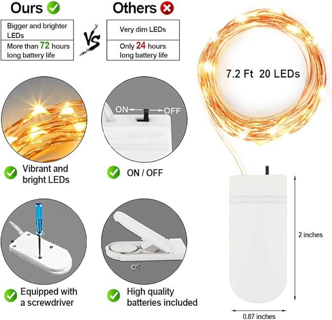 MUMUXI 48 Pack 7.2ft Fairy Lights Battery Operated, 20 Micro LED Mini Waterproof String Lights Copper Wire Firefly Starry LEDs for DIY Wedding Party Mason Jars Crafts Christmas Decoration Warm White