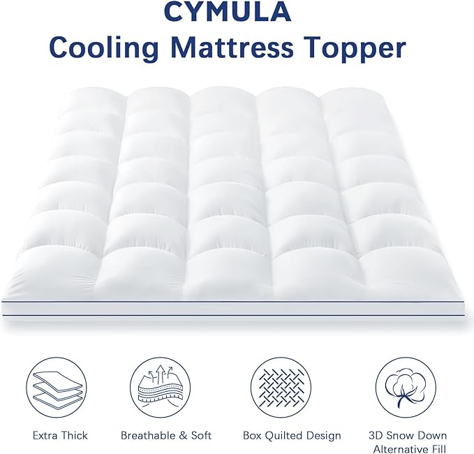 CYMULA King Mattress Topper, Cooling Pillow Top Mattress Topper for King Size Bed, Thick Mattress Pad with Elasticated Deep Pockets, Soft Firm Plush Down Alternative Fill Mattress Protector
