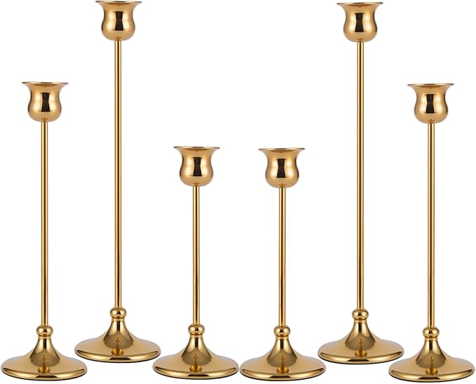 Taper Candle Holder Tall Vintage Metal Candlestick Holders Candle Stick Candelabra for Halloween Thanksgiving Christmas Holiday Wedding (Gold, 2 Sets (6 pcs))