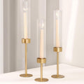 Glass Hurricane Candle Holders Set (3pcs)-Gold Metal Base Taper Candle Stick Holders for Candlesticks Holder Decor, Elegant Dining Table Centerpiece for Wedding, Christmas & Home Decor-Ribbed Glass