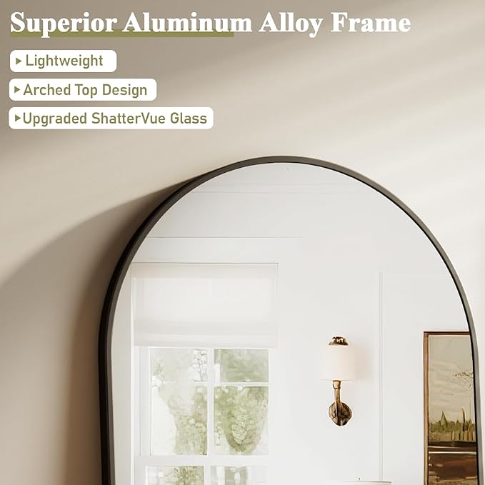 HARRITPURE 32"x48" Arched Bathroom Mirror - Black Wall Mounted Vanity Mirror Aluminum Alloy Frame Large Arch Wall Mirror for Living Room, Bedroom and Entryway