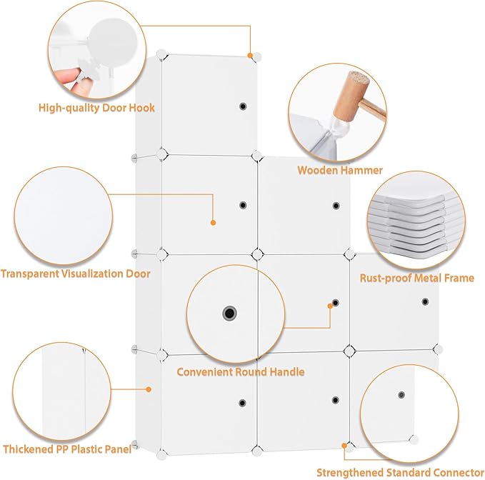 C&AHOME Cube Storage Organizer with Doors, 9-Cube Shelf, Closet Cabinet, DIY Plastic Modular Bookshelf, Storage Shelves Ideal for Bedroom,Living Room,36.6”L x 12.4”W x 36.6”H Milky USHS3009M-DOOR