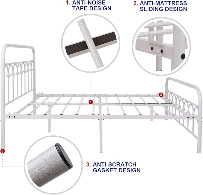 TUSEER Metal Bed Frame Full Size with Vintage Headboard and Footboard Platform Base Wrought Iron Bed Frame (Full, White)
