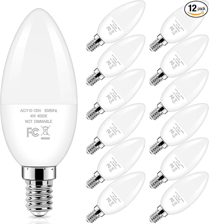 Brightever E12 Candelabra LED Light Bulbs 40W Equivalent, 4W Small Candle Light Bulbs Neutral Light 4000K, Type B Ceiling Fan Lightbulbs for Chandelier, Table Lamps, Non-Dimmable, Pack of 12