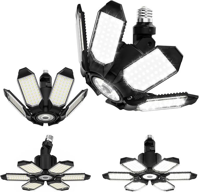 Adiding Rotatable LED Garage Light 4 Pack, 48000Lm Super Bright Basement Lighting Fixture w/ 6 Adjustable Panels Screw in E26 E27 Bulb Base for Workshop Attic Barn Ceiling Warehouse Gym Utility