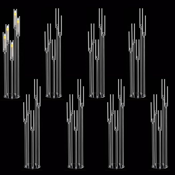 8pcs 5 Arm Floor Candelabra,Acrylic Floor Candle Holder for Wedding Centerpiece Tall Clear Candle Holders for Ceremony Birthday Party Home Decoration Fit 0.8 LED Candles