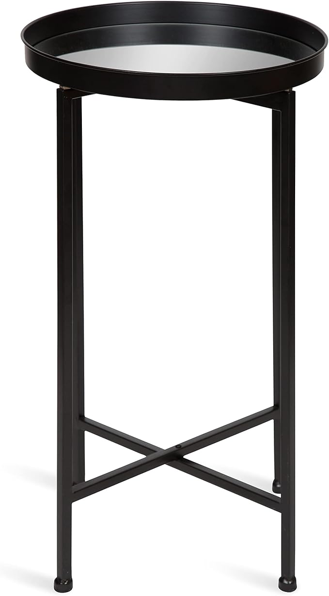 Kate and Laurel Celia Round Metal Foldable Accent Table with Mirror Tray Top, Black