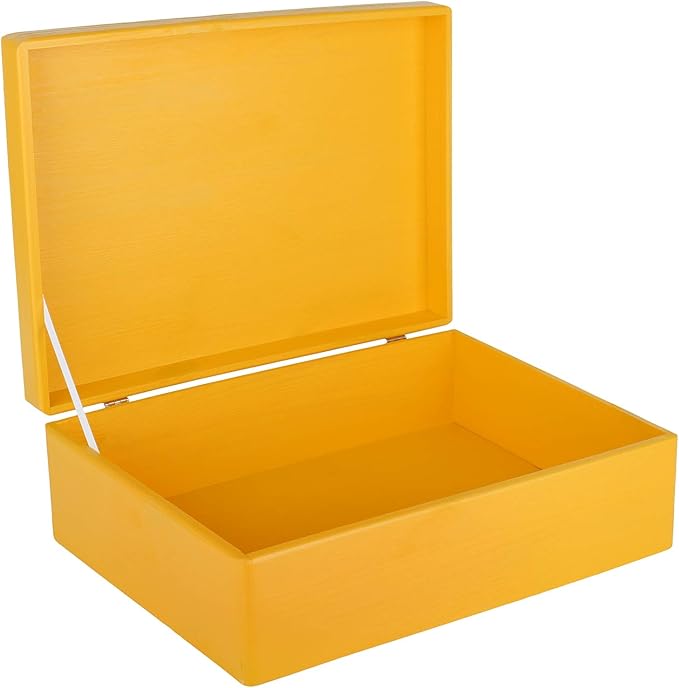 XL Yellow Wooden Box Storage with Hinged Lid | 15.8 x 11.8 x 5.5 inches (+-0.5) | Gift Box for Tool Shoes Clothes Kitchen Storage Document | Wood Keepsake Chest