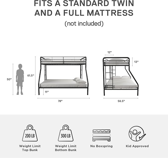 DHP Dusty Metal Bunk Bed with Secured Ladders, Twin/Full, Black