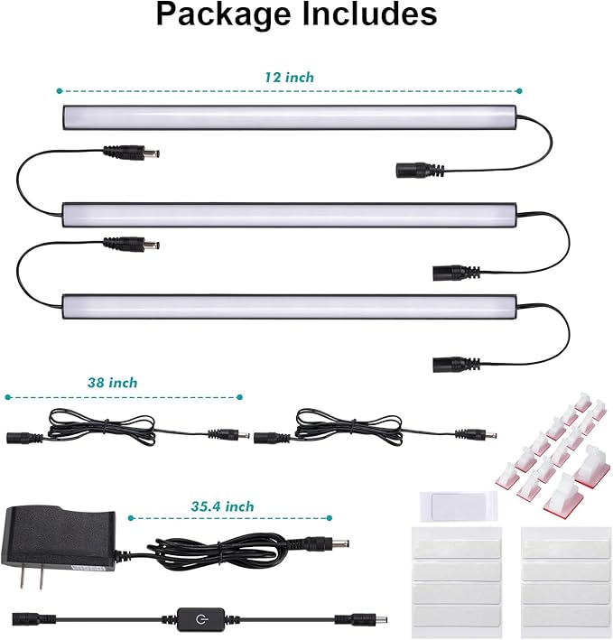 3 Pcs 12 Inch LED Under Cabinet Lighting, Black Shell Under Counter Lighting 6000K Cool White, Dimmable Closet Light, Plug and Play, LED Light Bars for Kitchen Cabinet, Cupboard, Closet, Desk