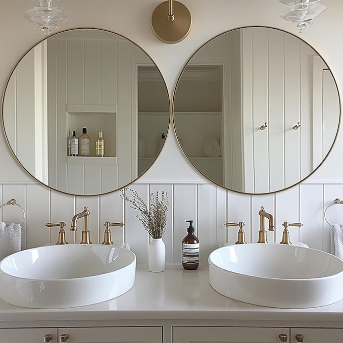 ANDY STAR Round Gold Mirror 30 inch, Brass Mirror with Brushed Gold Frame, Wall Mounted Stainless Steel Metal Frame Round Mirror for Bathroom, Living Room, Bedroom