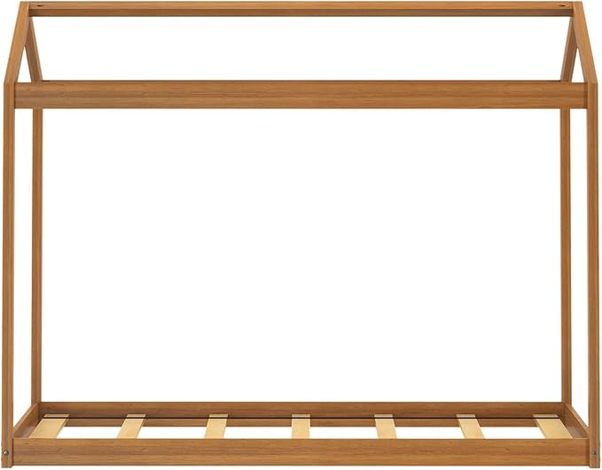 Max & Lily Twin Floor House Bed, Modern Solid Wood Low Bed Frame for Kids, Montessori Floor Bed for Bedroom, Playroom, Wooden Slats, Pecan