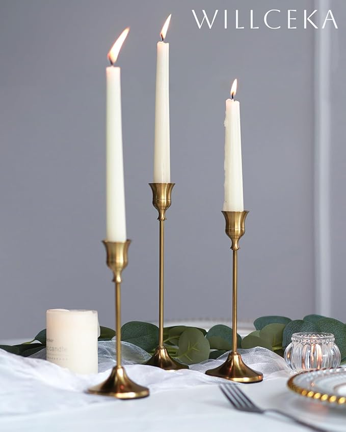 Gold Candlestick Holders, Taper Candle Holders, Set of 6 Brass Candle Holder Set, Vintage Table Centerpiece for Wedding Christmas Holiday