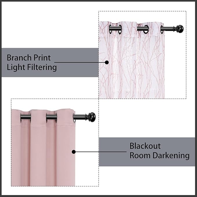 BONZER Mix and Match Curtains - 2 Pieces Branch Print Sheer Curtains and 2 Pieces Blackout Curtains for Bedroom Living Room Grommet Window Drapes, 37x84 Inch/Panel, Blush, Set of 4 Panels