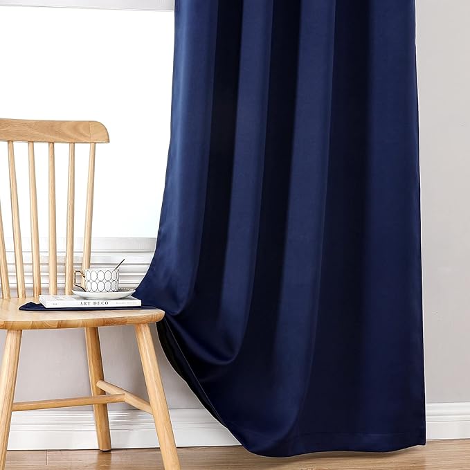 ChrisDowa 100% Blackout Curtains 90 inch Long for Bedroom with Black Liner, 2 Thick Layers Total Blackout Thermal Insulated Grommet Long Window Curtains 2 Panels Set (Navy Blue, 52 x 90 Inch)