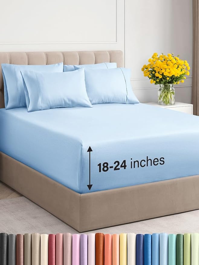 Extra Deep Cal King Sheet Set - 6 Piece Breathable and Cooling Sheets - Hotel Luxury Bed Sheets Set - Easy Fit - Soft, Wrinkle Free and Comfy Sheets Set - Light Blue Sheet Set with Extra Deep Pockets