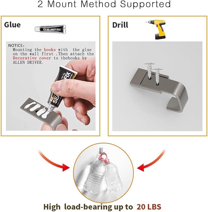 BESy Clothes Hook Single Towel Hooks for Bathroom Kitchen Garage Square Style Robe Hooks Coat and Hat Hook, Self Adhesive with Glue or Wall Mounted with Screws, Stainless Steel，Brushed Nickel
