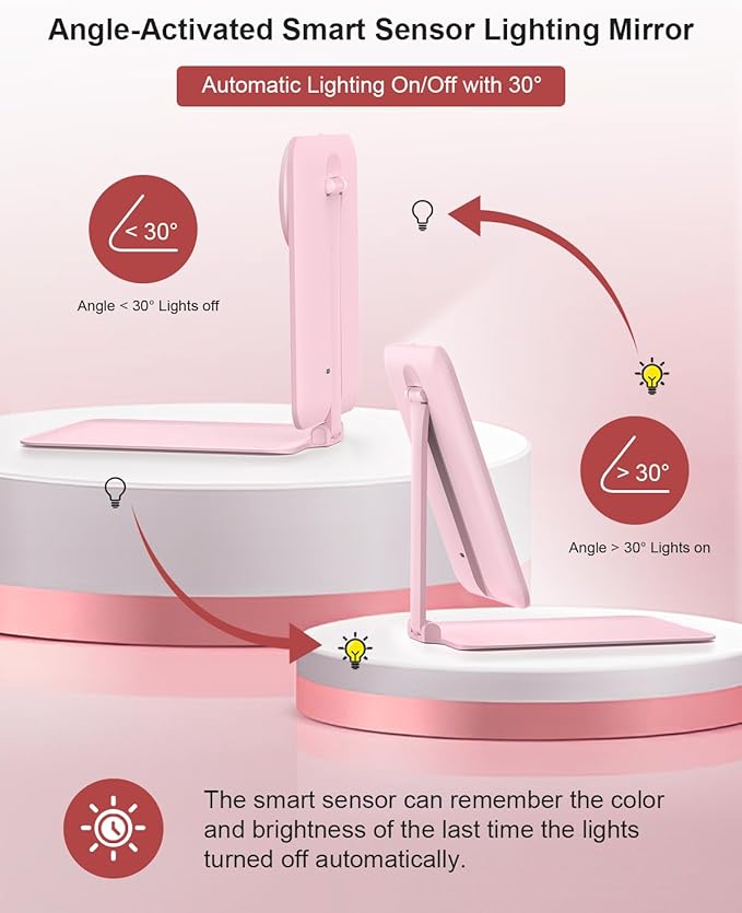 Gospire Travel Makeup Mirror with Lights and Magnification 10X, Portable Make Up Compact Tabletop Mirror with Adjustable Stand, 3 Colored Lights Rechargeable Lighted LED Vanity Mirror - Pink