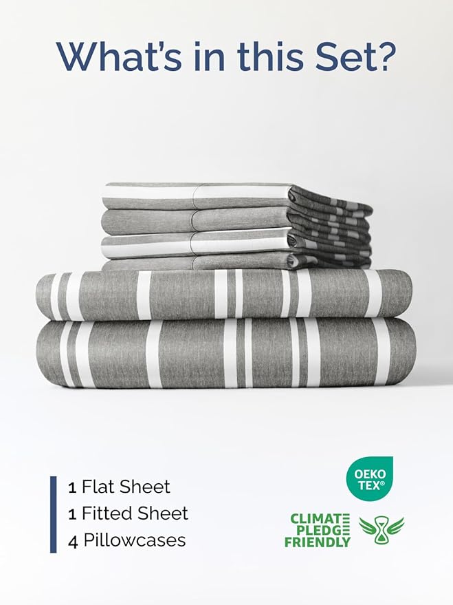 Extra Deep Cal King Sheet Set - 6 Piece Breathable & Cooling Sheets - Hotel Luxury Bed Sheets Set - Easy Fit - Soft, Wrinkle Free & Comfy Sheets Set - Grey Striped Sheet Set with Extra Deep Pockets