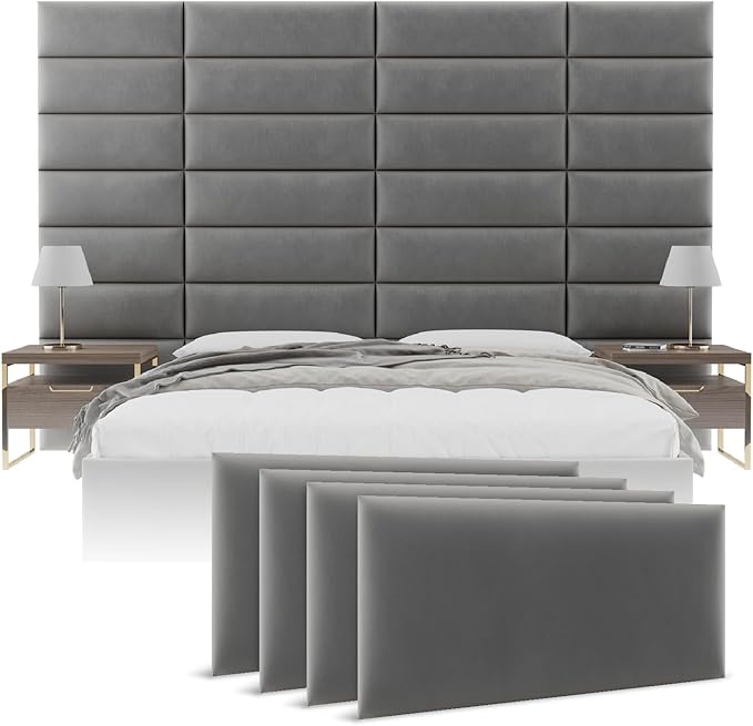 Vänt Upholstered Wall Panels - Queen/Full Size Wall Mounted Velvet Headboards - Velvet Smoke Grey - Set of 4 Panels (Each Individual Panel 30"x11.5")