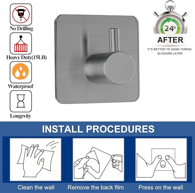 Adhesive Hooks Towel Hanger Wall Hooks for Hanging Coat, Hat,Towel Robe Hook Rack Wall Mount Waterproof Stainless Steel- Bathroom and Bedroom Gray 4-Packs