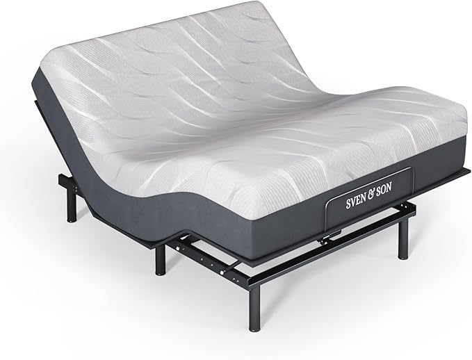 Sven and Son Essential Adjustable Bed Base (Frame) + 12 inch Memory Foam Matt (Medium), Easy Assembly, Head and Foot Lift, Memory Positions, Zero Gravity, Wireless Remote - Queen