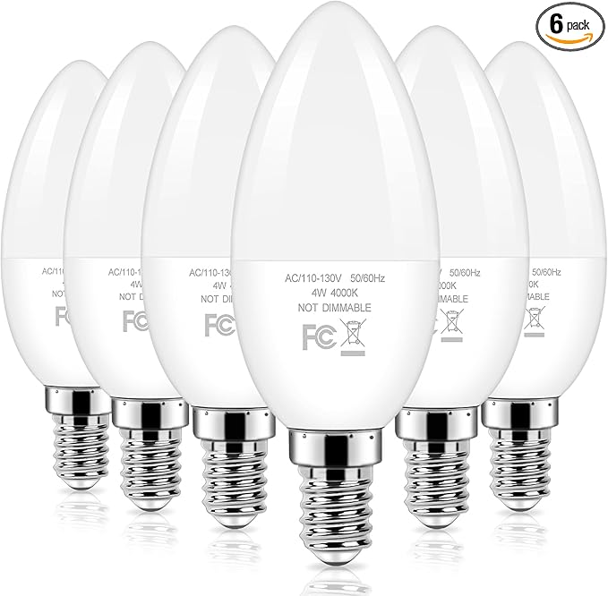 Brightever LED Candelabra Light Bulbs 40W Equivalent, 4W Candle Light Bulbs with Small E12 Base, Neutral White 4000K Ceiling Fan Lightbulbs, Type B Bulb for Wall Sconces, Non-Dimmable, Pack of 6