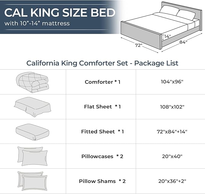 HEVUMYI Light Blue Cali-King Comforter Set - 7-Piece All Season Bed in a Bag Cali-King, Ultra Soft Bedding Set with Comforter, Flat Sheet, Fitted Sheet, Pillowcases, Pillow Shams